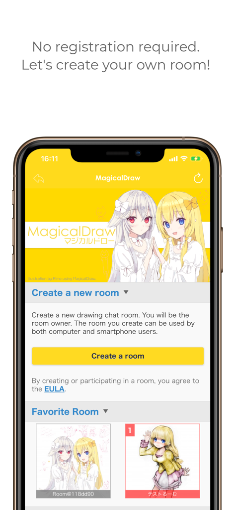 MagicalDraw app home screen showing the option to create a new drawing chat room with anime style illustrations