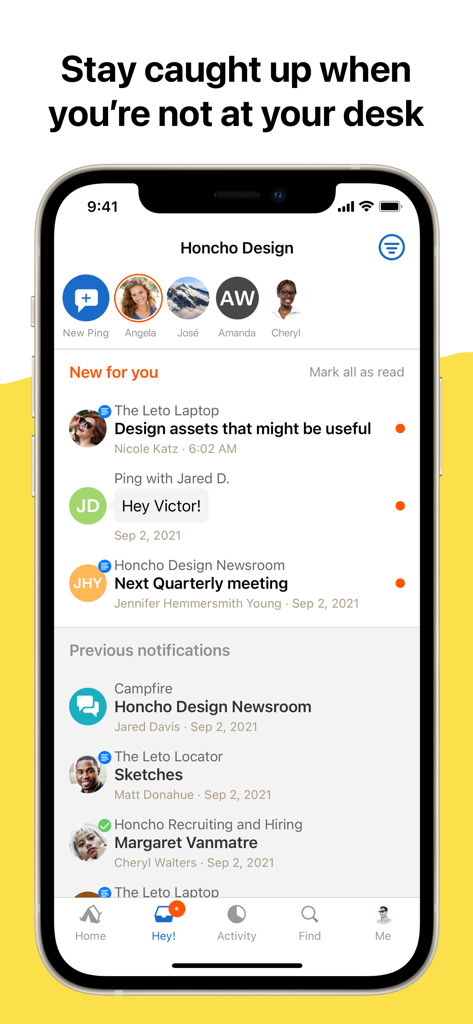 Basecamp - Project Management - Basecamp mobile app screen showing the notifications feed with team messages and project updates