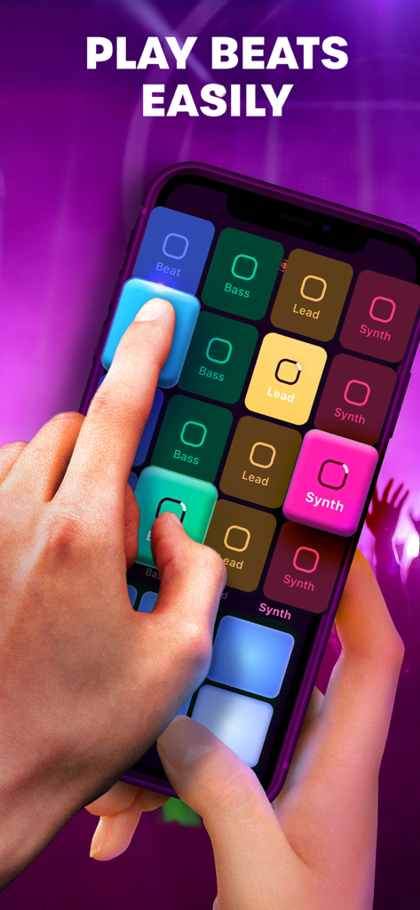 Loop Maker Pro - Music Maker - A person using their fingers to play beats on colorful pads labeled beat, bass, lead, and synth in the Loop Maker Pro app.