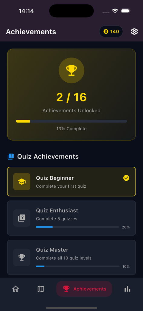 Casino Universe - Erfolgsbildschirm in der Casino Universe App zeigt den Fortschritt bei Quiz-Meilensteinen und freigeschaltete Belohnungen.
