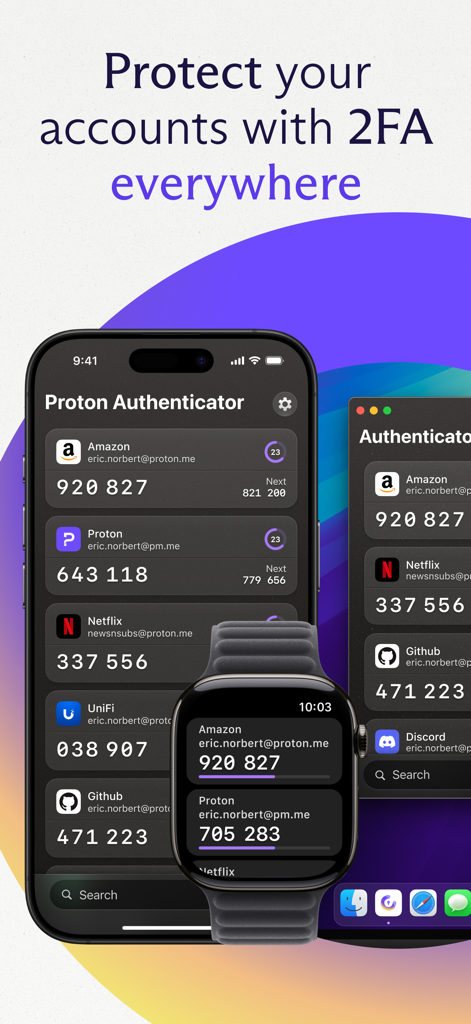 Proton Authenticator - Proton Authenticator app displaying 2FA codes on iPhone Apple Watch and desktop computer
