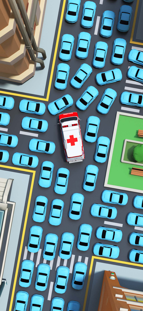 Car Out ™ - Vista dall'alto di un'ambulanza rossa in un ingorgo cittadino di auto blu