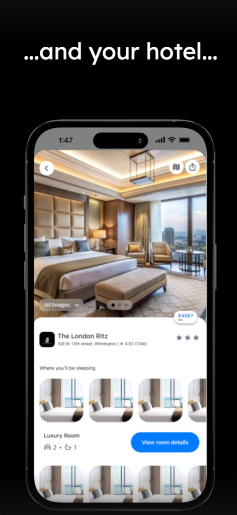 Smartrip AI - Smartrip AI mobile App-Oberfläche, die eine Luxushotelzimmerreservierung für The London Ritz anzeigt