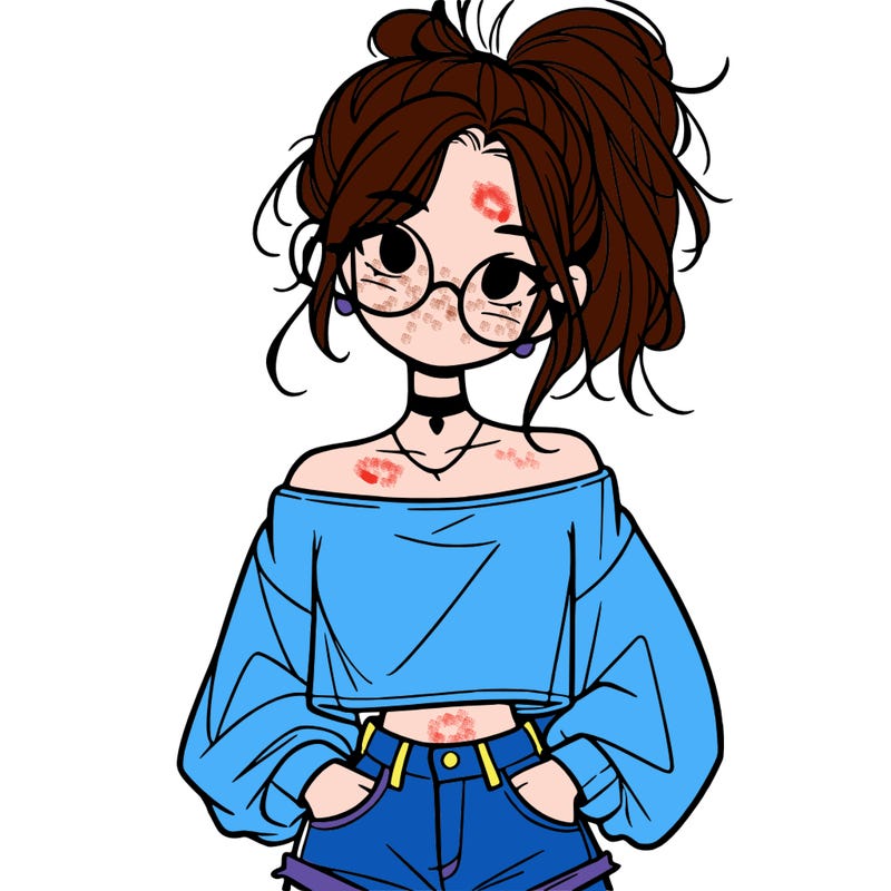 girl with a messy ponytail glasses a baggy crop top and jean shorts