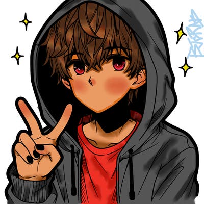 teenage manga boy in a hoodie, doing ✌