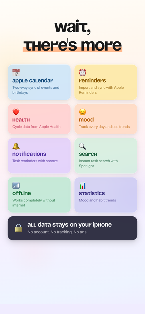 Calendar & Daily Planner - Eva - Übersicht über die Funktionen der Eva-App, einschließlich Kalendersynchronisierung, Gesundheitsverfolgung, Stimmungsaufzeichnungen und Informationen zum Datenschutz.