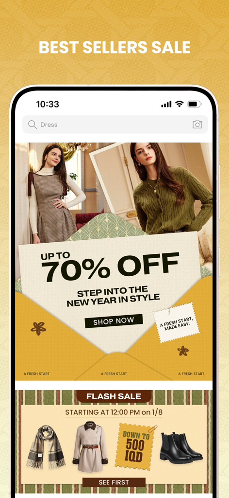 Interfaz de la aplicación de moda Savana que muestra un banner de rebajas del 70 por ciento en los más vendidos y una sección de rebajas flash con ropa de invierno.