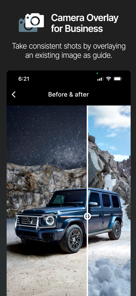 Camera Overlay for Business - Smartphone-App-Oberfläche, die einen Vorher-Nachher-Foto-Vergleich eines blauen SUV zeigt