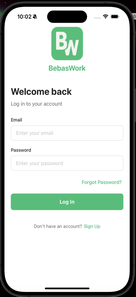 BebasWork - Pantalla de inicio de sesión de la aplicación móvil BebasWork con campos de correo electrónico y contraseña y un botón verde de iniciar sesión