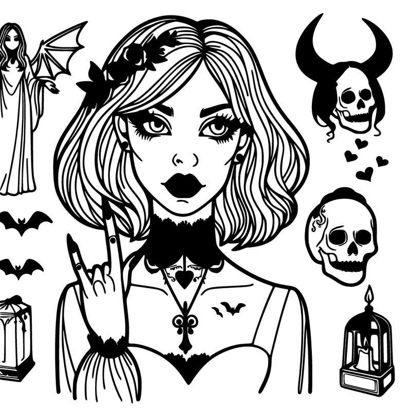 fine line gothic woman drawing