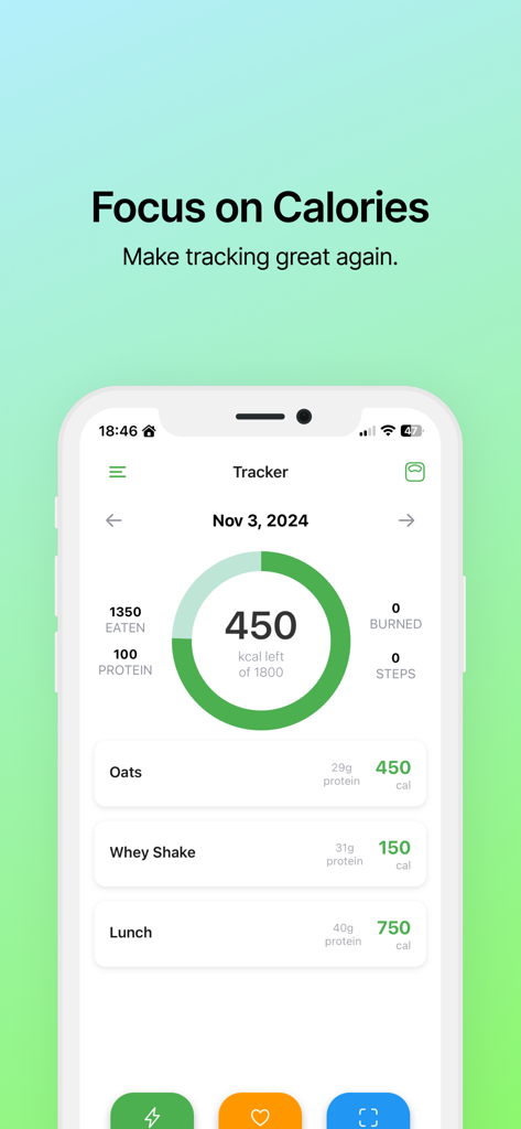 Quick Track - Calorie Counter - Panel minimalista de seguimiento de calorías diario con anillo de progreso y registros de alimentos