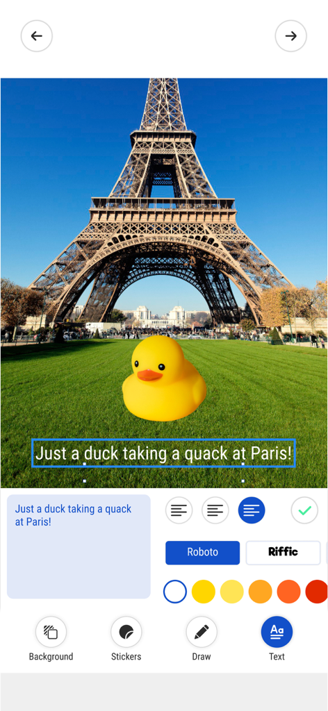 A photo editing app interface showing a fun montage of a rubber duck at the Eiffel Tower with text overlay tools