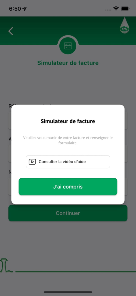 Ma SODECI en ligne - Bill simulator instructional popup in the Ma SODECI en ligne app