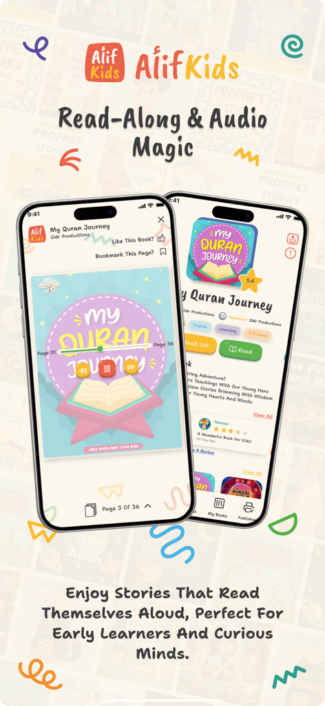 Two smartphones displaying the Alif Kids app interface with audio controls and read-along story options for children