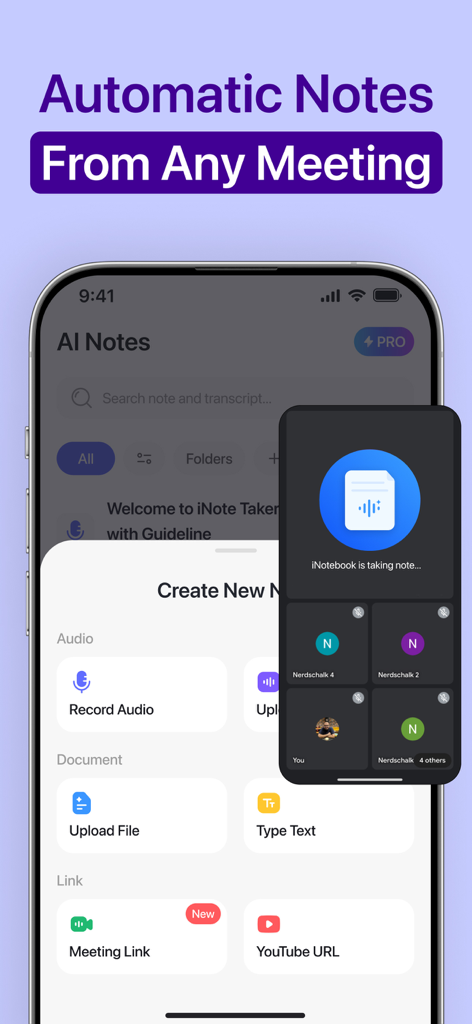 iNotebook: AI Note Taker - Smartphone screen of iNotebook app creating automatic AI notes from a meeting recording