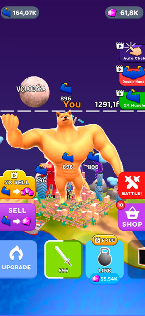 Workout Lifting: Strong Hero - Muscular giant doge character standing over a miniature city in Workout Lifting Strong Hero game