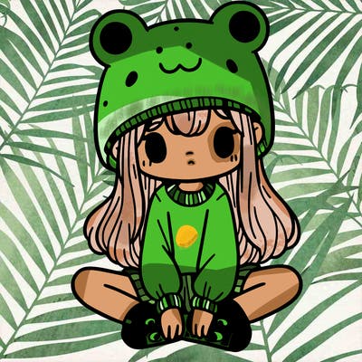 a girl wearing a frog hat and some frog socks