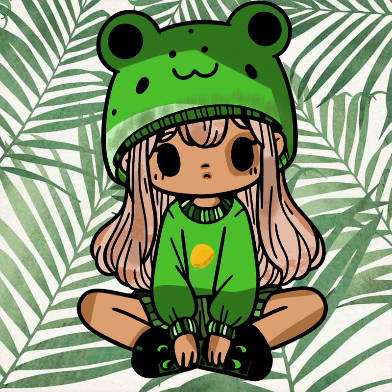 a girl wearing a frog hat and some frog socks