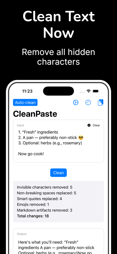 Clean Paste - Invisible Text - Smartphone screen showing the Clean Paste app interface removing hidden characters and smart quotes from text.