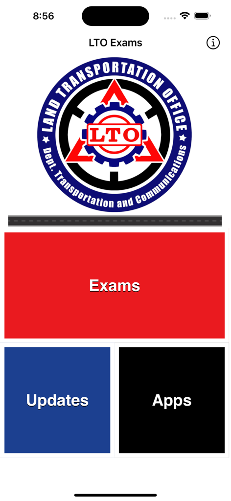LTO Driver's License Exam Test - Home screen of the LTO Driver's License Exam Test app featuring the LTO logo and navigation buttons for Exams, Updates, and Apps.