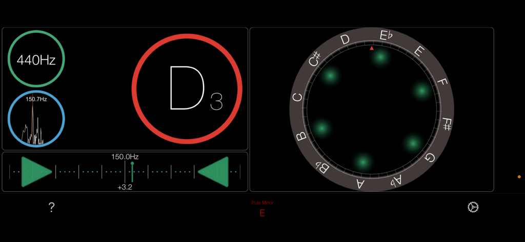 Touch Tuner - Interface de afinador musical profissional mostrando detecção de afinação para Ré3 com forma de onda em tempo real e dial estroboscópico circular
