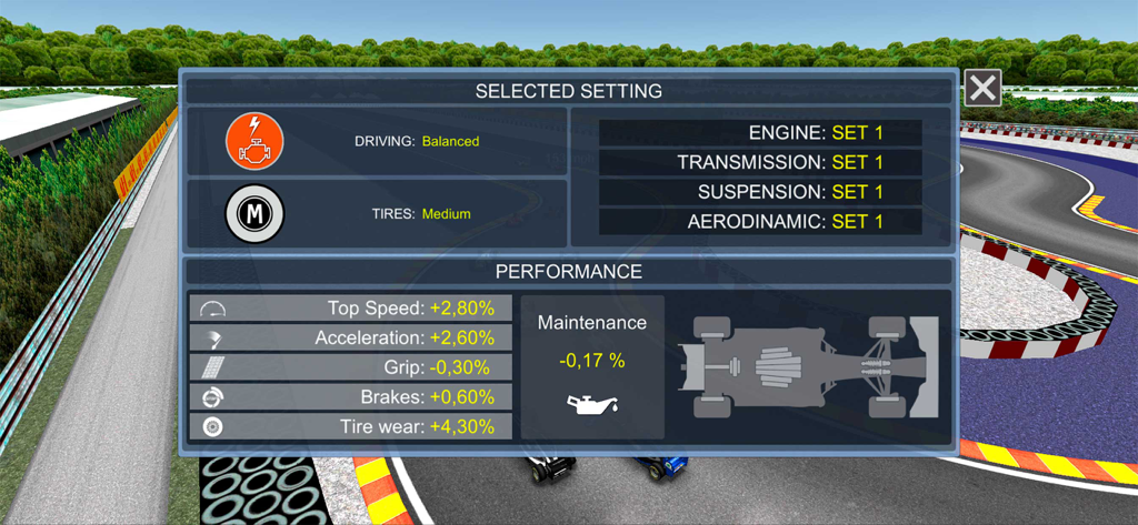 Race Master Manager - Car configuration and performance statistics menu in Race Master Manager