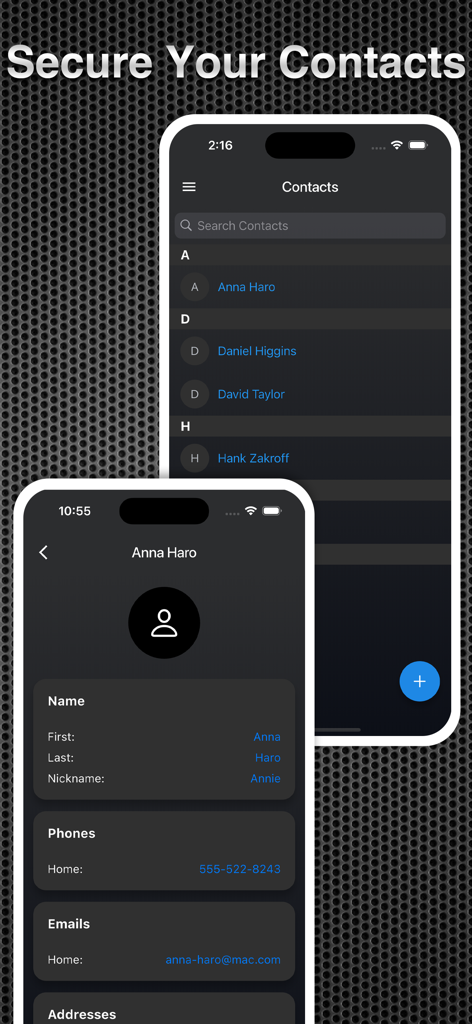 App Secret Pro - Interface do App Secret Pro exibindo uma lista de contatos privados e detalhes de contato seguros para privacidade.