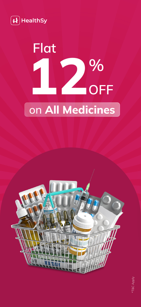 HealthSy-Online Healthcare App - Promotional banner for the HealthSy app featuring a flat 12 percent discount on all medicines with an illustration of a shopping basket full of medical supplies.