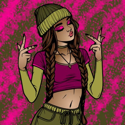 realistic teenage girl with braids and a beanie and crop top doing 🫶🏼