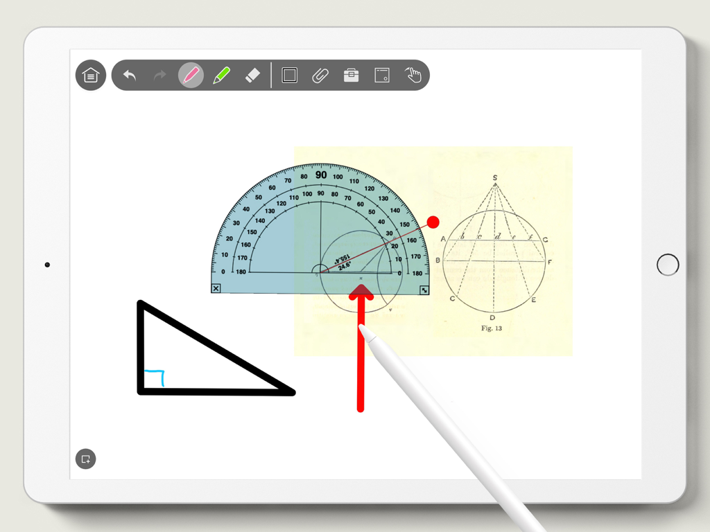 IPEVO Whiteboard - Using IPEVO Whiteboard on iPad to annotate a math diagram with a protractor and stylus