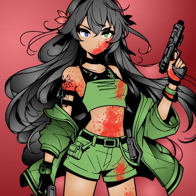 bad girl wearing crop top holding a gun long hair anime