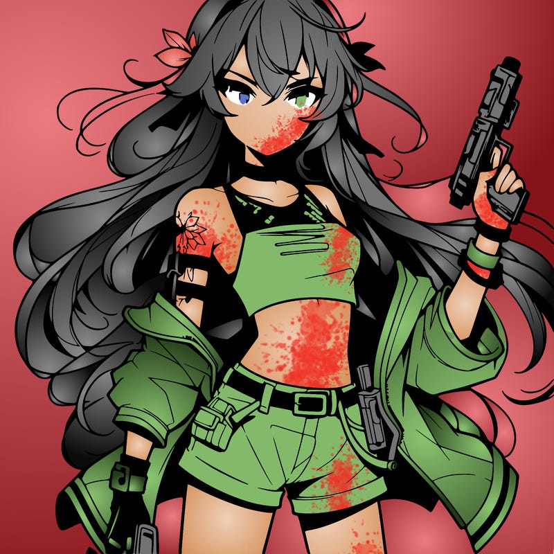 bad girl wearing crop top holding a gun long hair anime