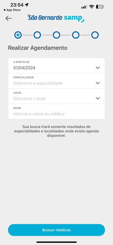 São Bernardo Samp - Sao Bernardo Samp mobile app interface for searching and scheduling medical appointments showing filters for date specialty and location