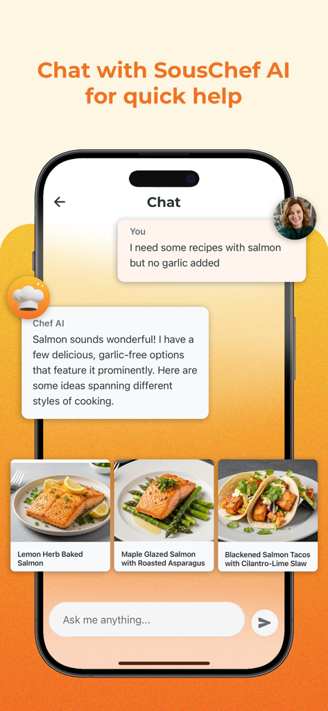 AI chat interface in SousChefAI showing personalized garlic free salmon recipe recommendations