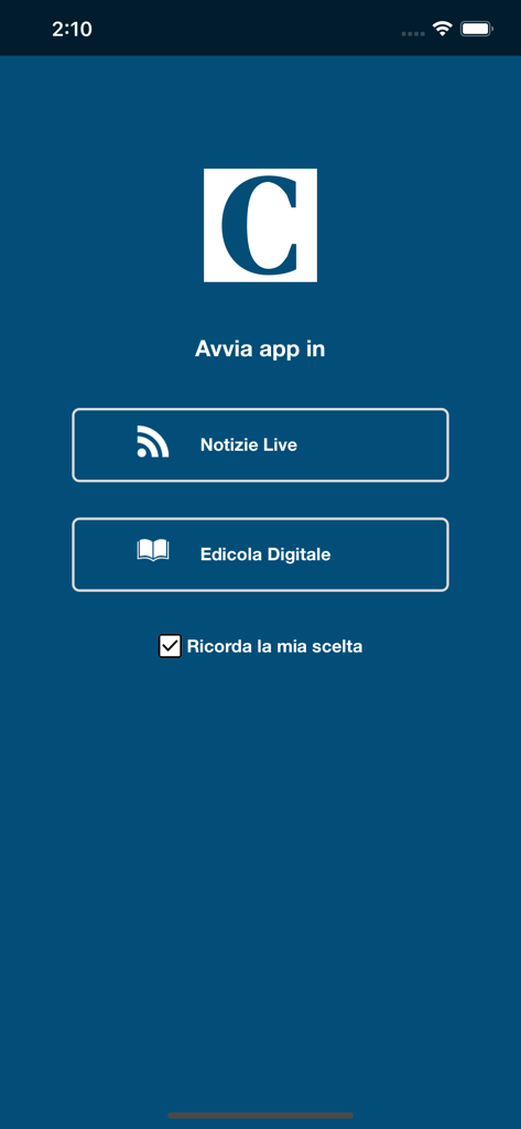 Corriere Romagna Digital - Corriere Romagna Digital app home screen showing options for live news and the digital newsstand