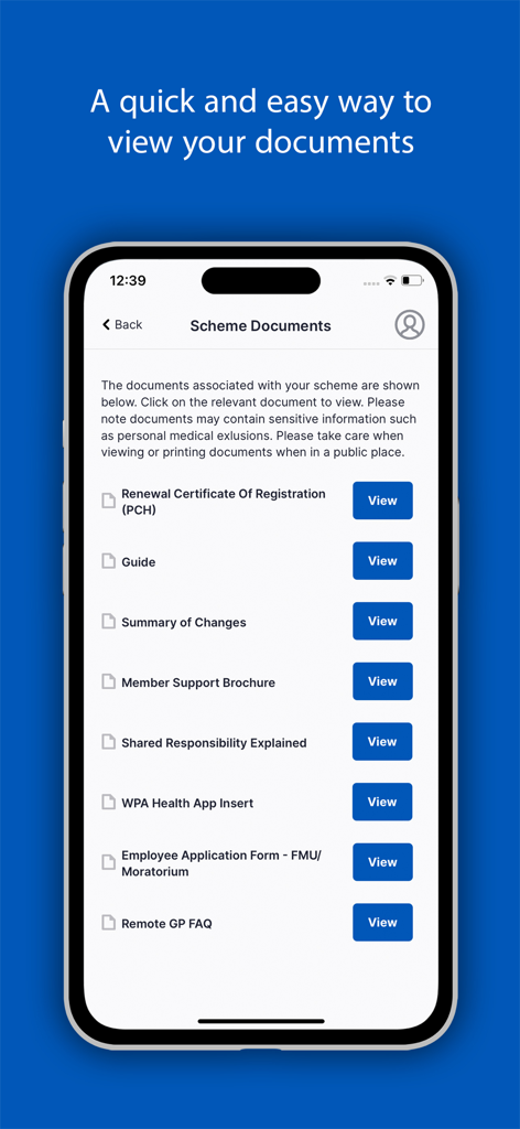 WPA Health - Mobile screen showing a list of healthcare plan documents with view buttons in the WPA Health app.