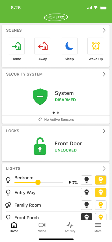 HomePro Security - HomePro Security mobile app dashboard showing smart home automation controls for security locks and lighting
