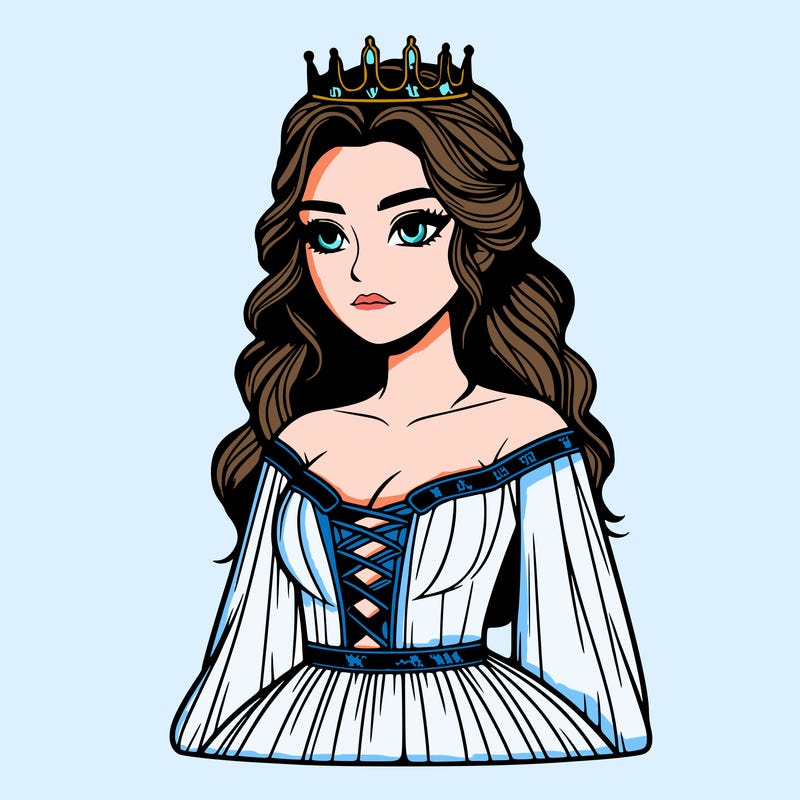 realistic woman with a crown of her head and a long dress. with a nose