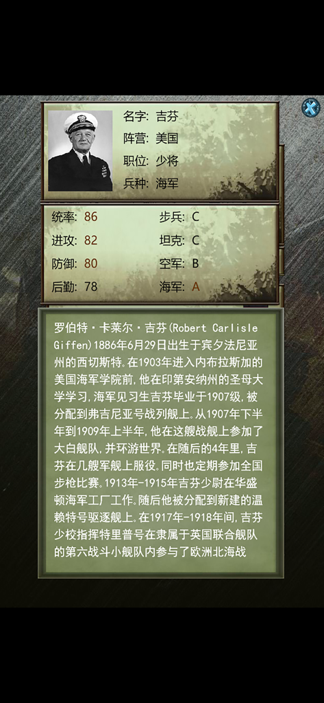 Profile screen of General Robert Carlisle Giffen with historical biography and military stats