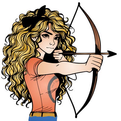 a woman with curly and messy hair using a bow to shoot arrow realistic