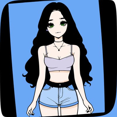 a realistic girl with long hair and in a crop top and shprts
