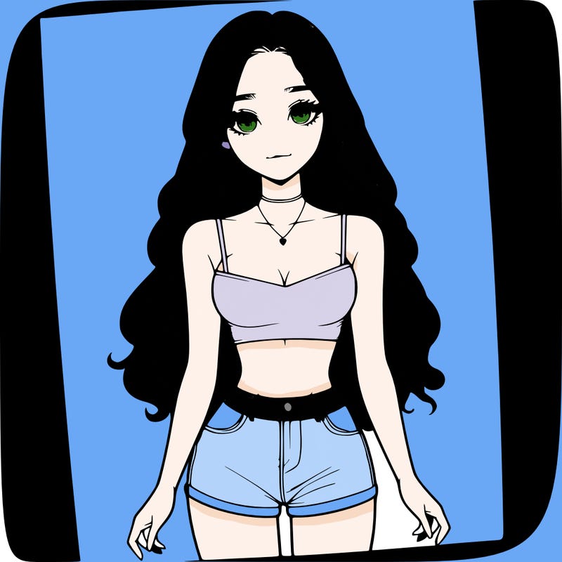 a realistic girl with long hair and in a crop top and shprts