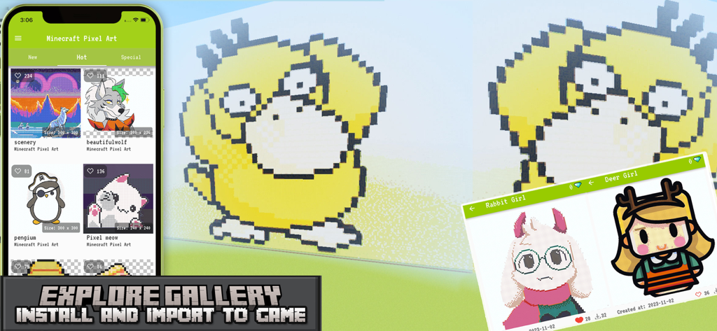 PixelArt Builder for Minecraft - Une application mobile montrant une galerie de créations en pixel art et un grand personnage importé dans un monde Minecraft