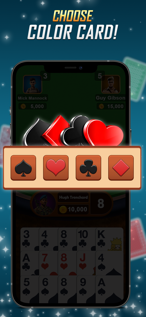 358 Card Game - A mobile game screen from 358 Card Game showing a prompt to choose a suit from spades, hearts, clubs, or diamonds during a match.