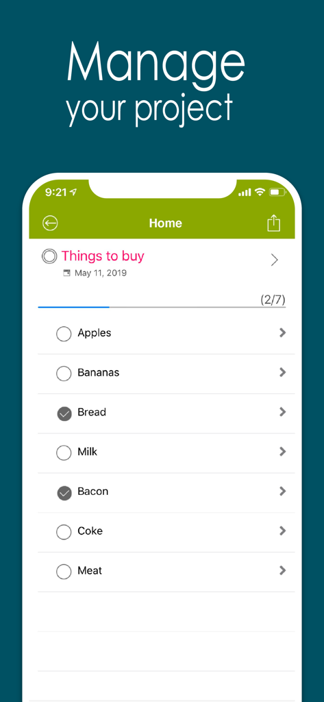 Application Awesome Calendar affichant une liste de courses avec des articles comme du pain et du bacon cochés
