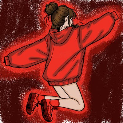 realistic girl jumping with a bun and oversized sweatshirt