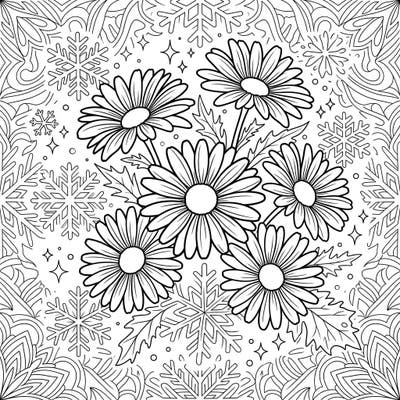 Discover the serene beauty of oxeye daisies blooming amidst an enchanting winter wonderland. This unique coloring page invites you to bring frosty petals and delicate snowflakes to life with your favorite colors.