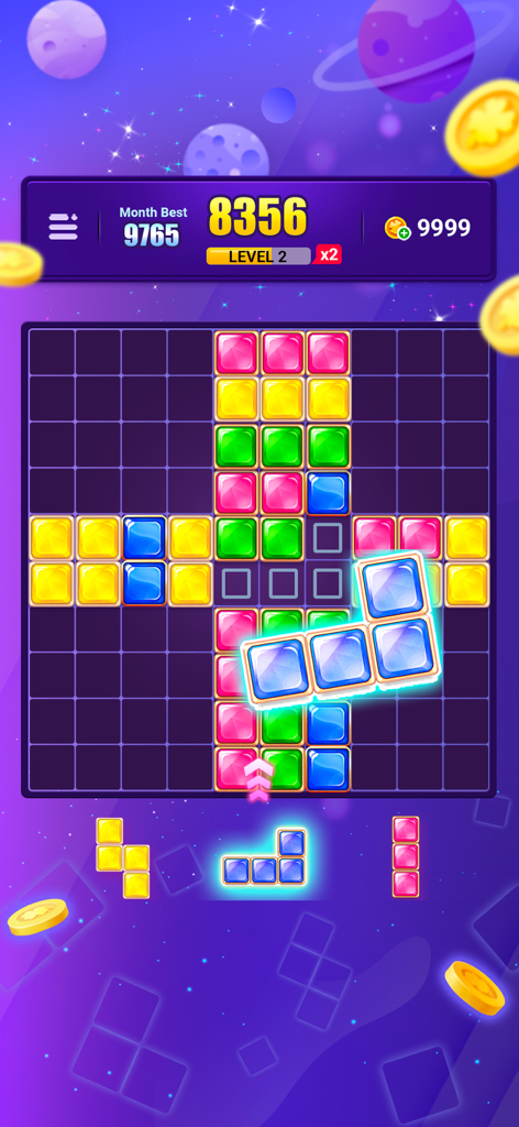 Block Puzzle Jewel :Gem Legend - Tela de jogabilidade de Block Puzzle Jewel mostrando blocos de joias coloridas em uma grade 10 por 10 com um bloco azul sendo colocado