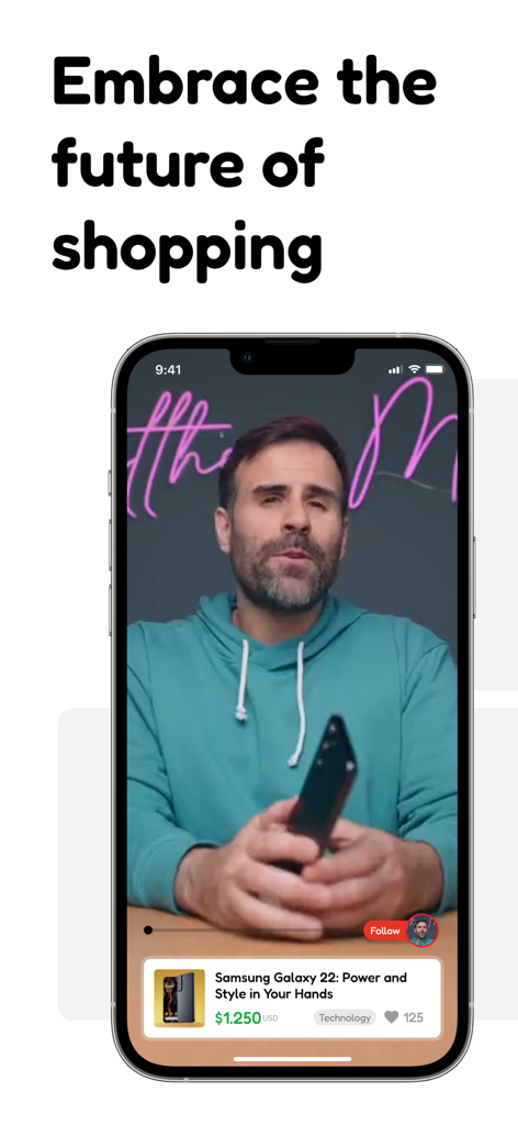 Smartphone mostrando la aplicación Kupyo con un listado de video de un vendedor presentando un teléfono móvil y el titular 'Adopta el futuro de las compras'