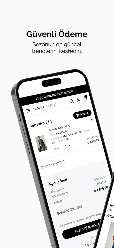 Hukka Design - Mobile shopping cart interface of Hukka Design fashion app showing a jacket and order summary